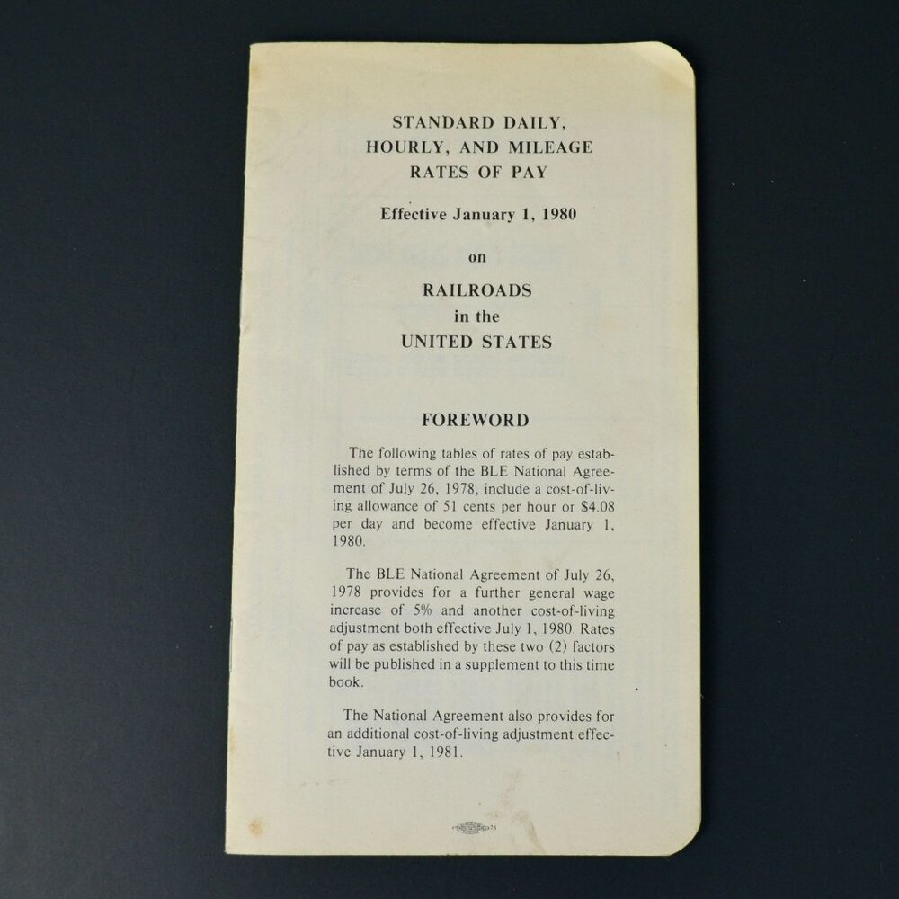 1980 Standard Daily Hourly Mileage Rates of Pay Railroads United States Vintage